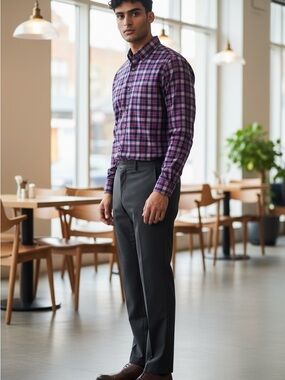 Express Men's Pink and Navy Plaid Button-Up Shirt